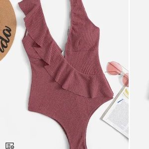 Double plunge ruffle textured swim one piece NEW